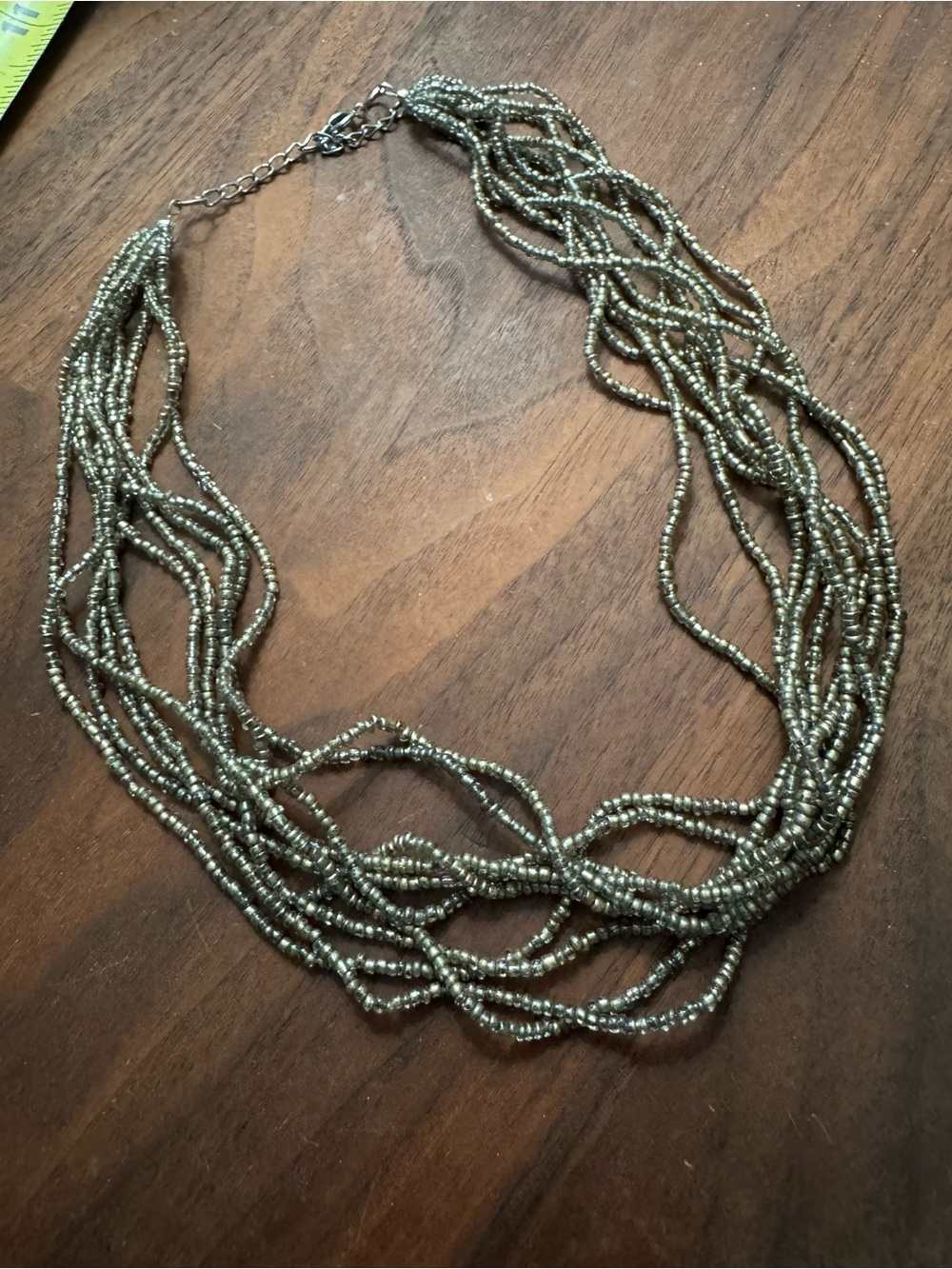 10 Strand Silvertoned Grey/Clear/Gold Beaded Necklace